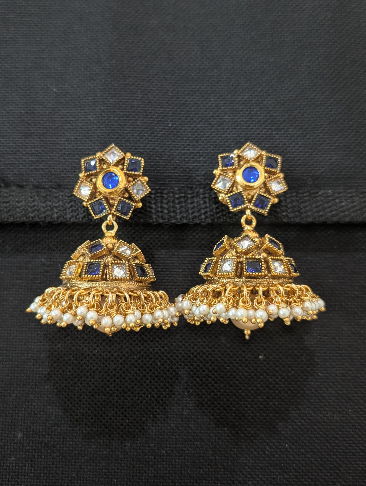 Blue White Polki Guttapusalu Large Jhumka Earrings