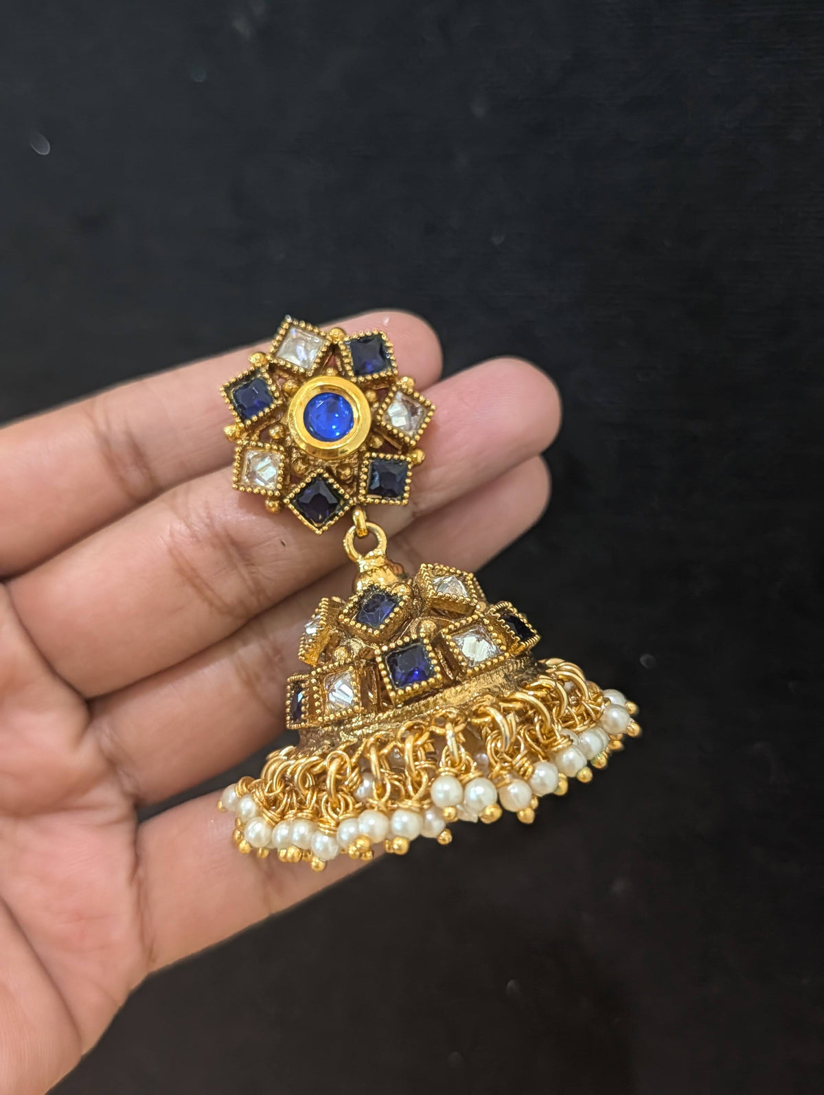 Blue White Polki Guttapusalu Large Jhumka Earrings