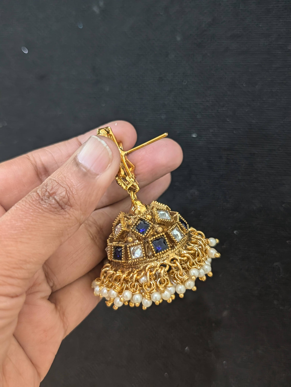 Blue White Polki Guttapusalu Large Jhumka Earrings