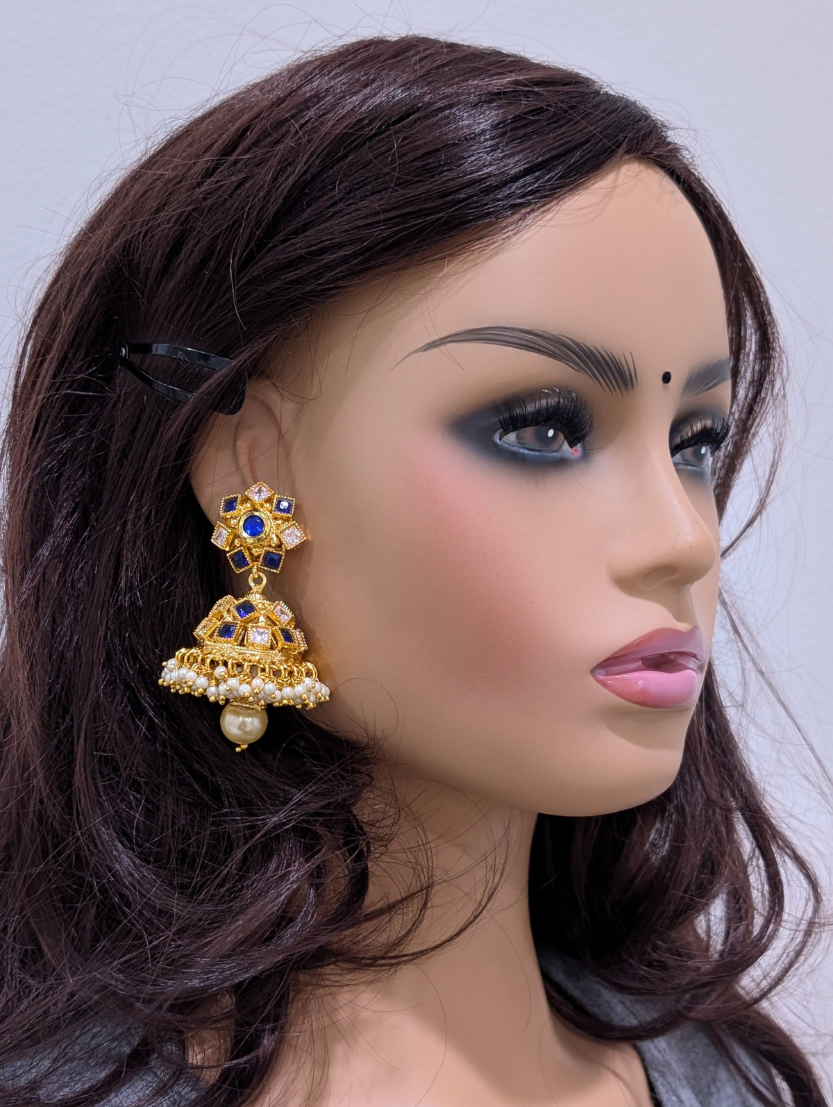Blue White Polki Guttapusalu Large Jhumka Earrings