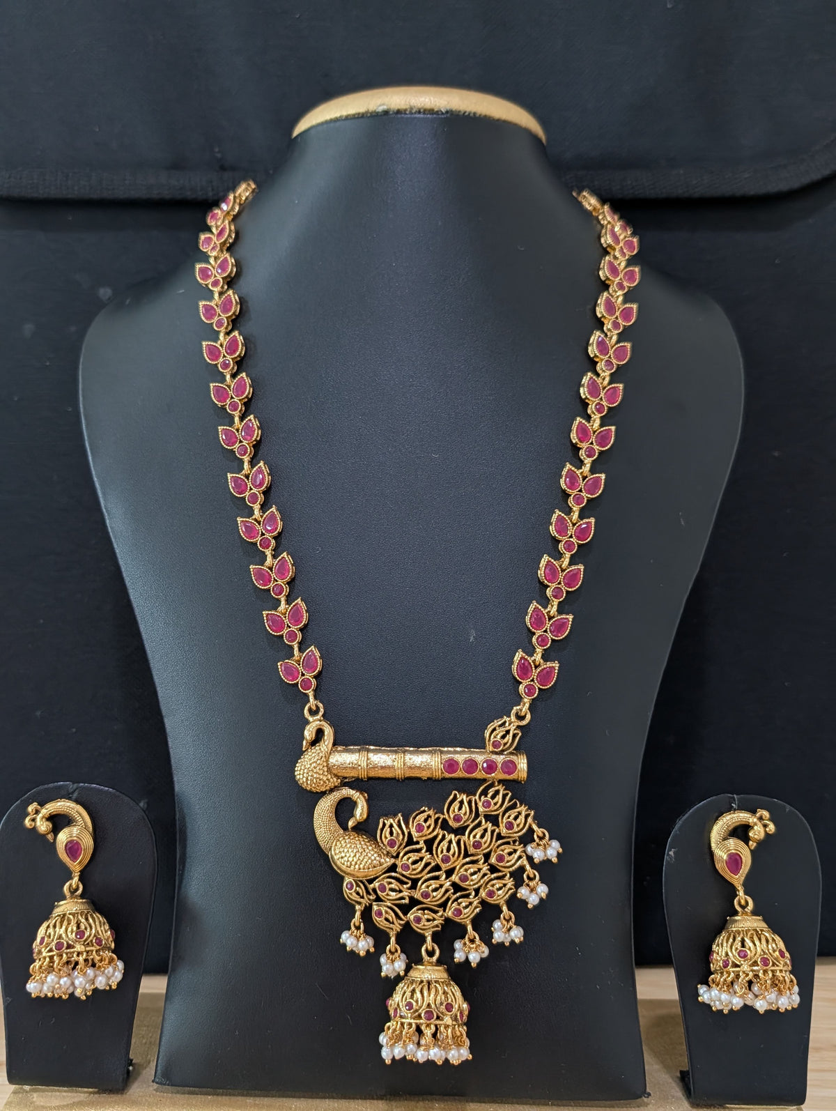 Peacock design Ruby Polki Long Haram Necklace set