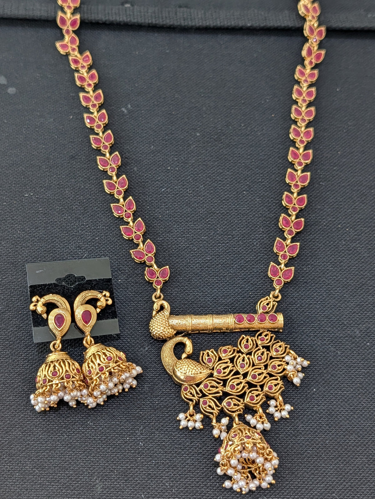 Peacock design Ruby Polki Long Haram Necklace set