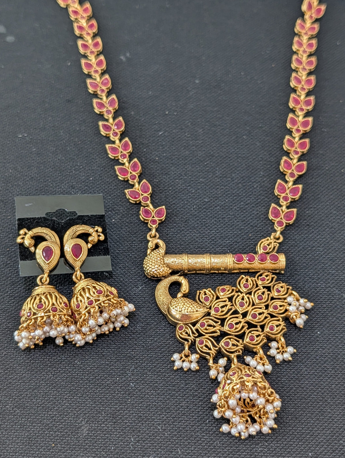 Peacock design Ruby Polki Long Haram Necklace set