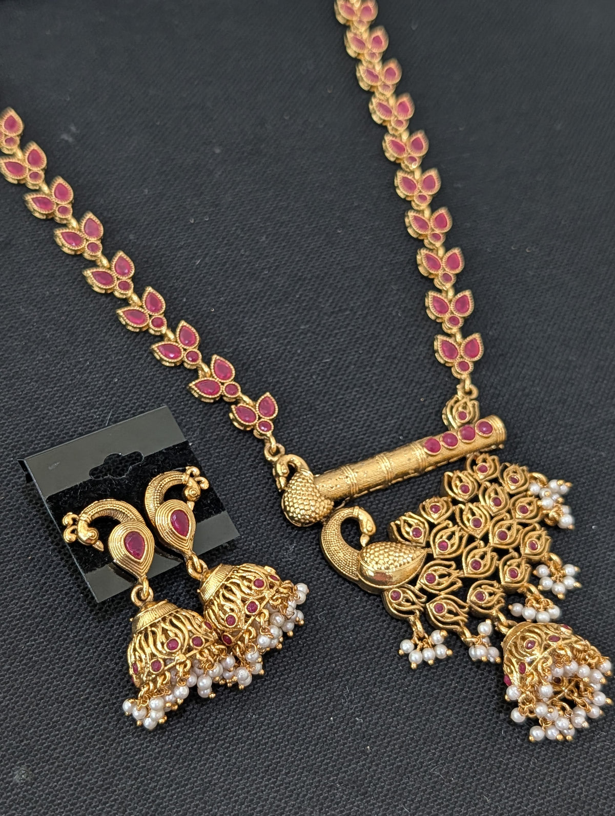 Peacock design Ruby Polki Long Haram Necklace set
