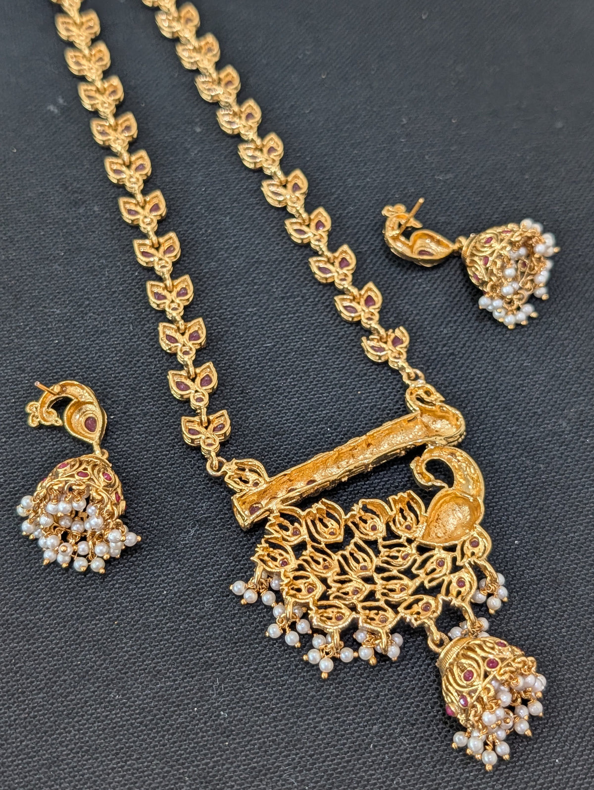Peacock design Ruby Polki Long Haram Necklace set