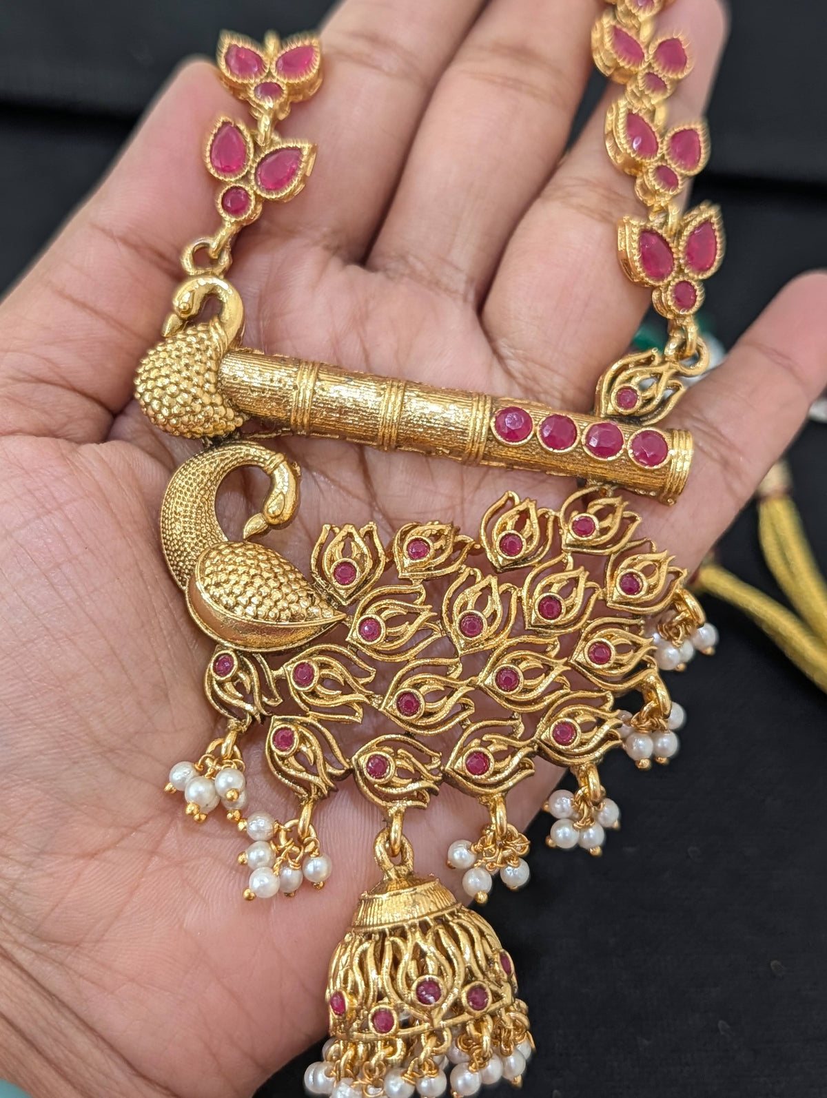 Peacock design Ruby Polki Long Haram Necklace set