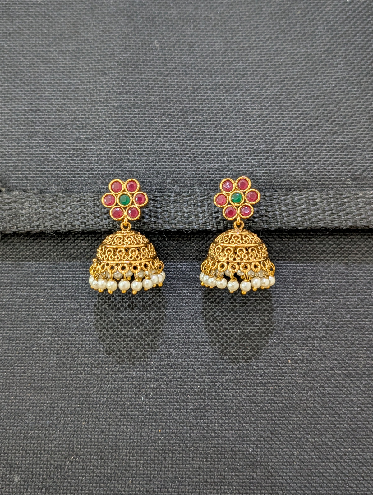 Gold plated Filigree Polki small Jhumka Earrings - Pearl bead