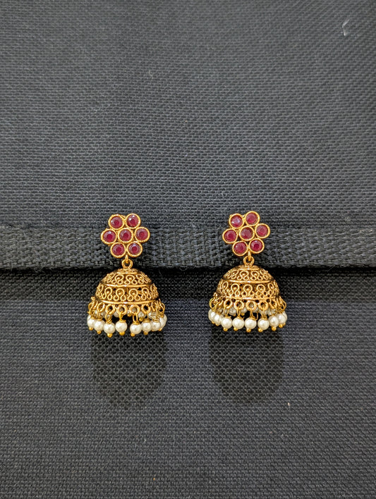 Gold plated Filigree Polki small Jhumka Earrings - Pearl bead