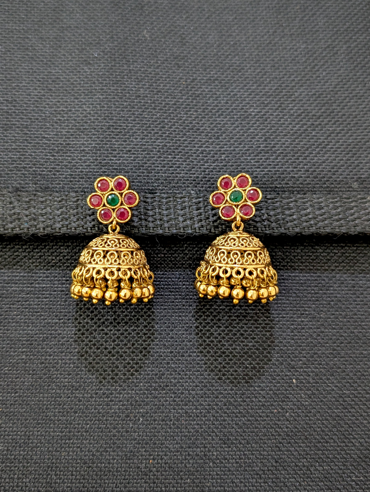 Gold plated Filigree Polki small Jhumka Earrings - Gold bead