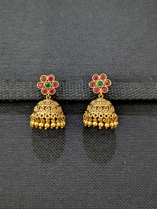 Gold plated Filigree Polki small Jhumka Earrings - Gold bead