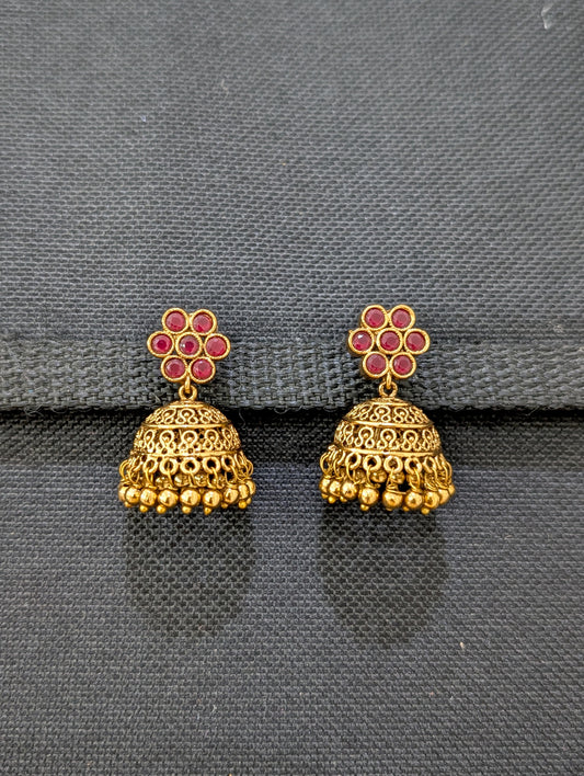 Gold plated Filigree Polki small Jhumka Earrings - Gold bead