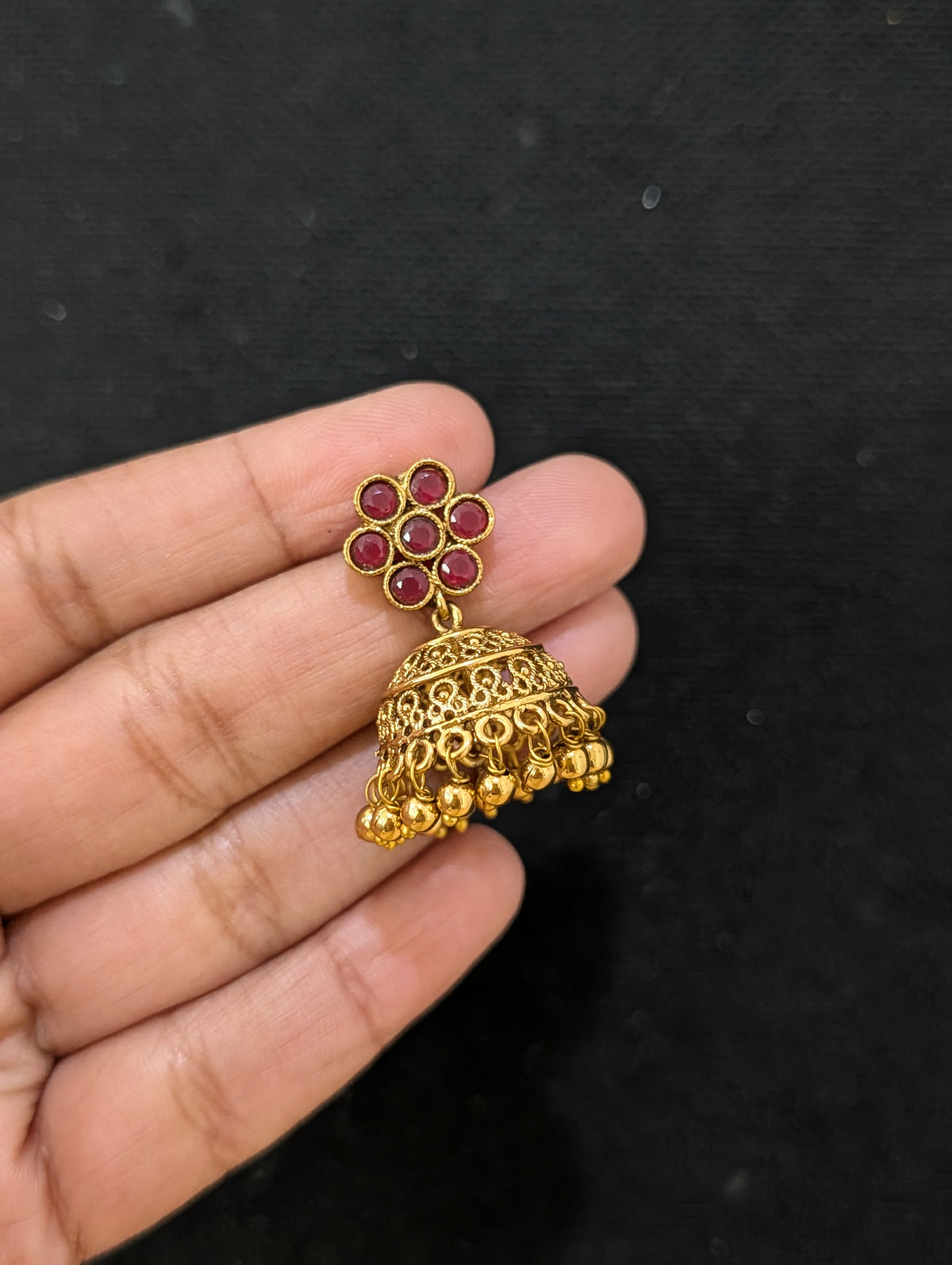 Gold plated Filigree Polki small Jhumka Earrings - Gold bead