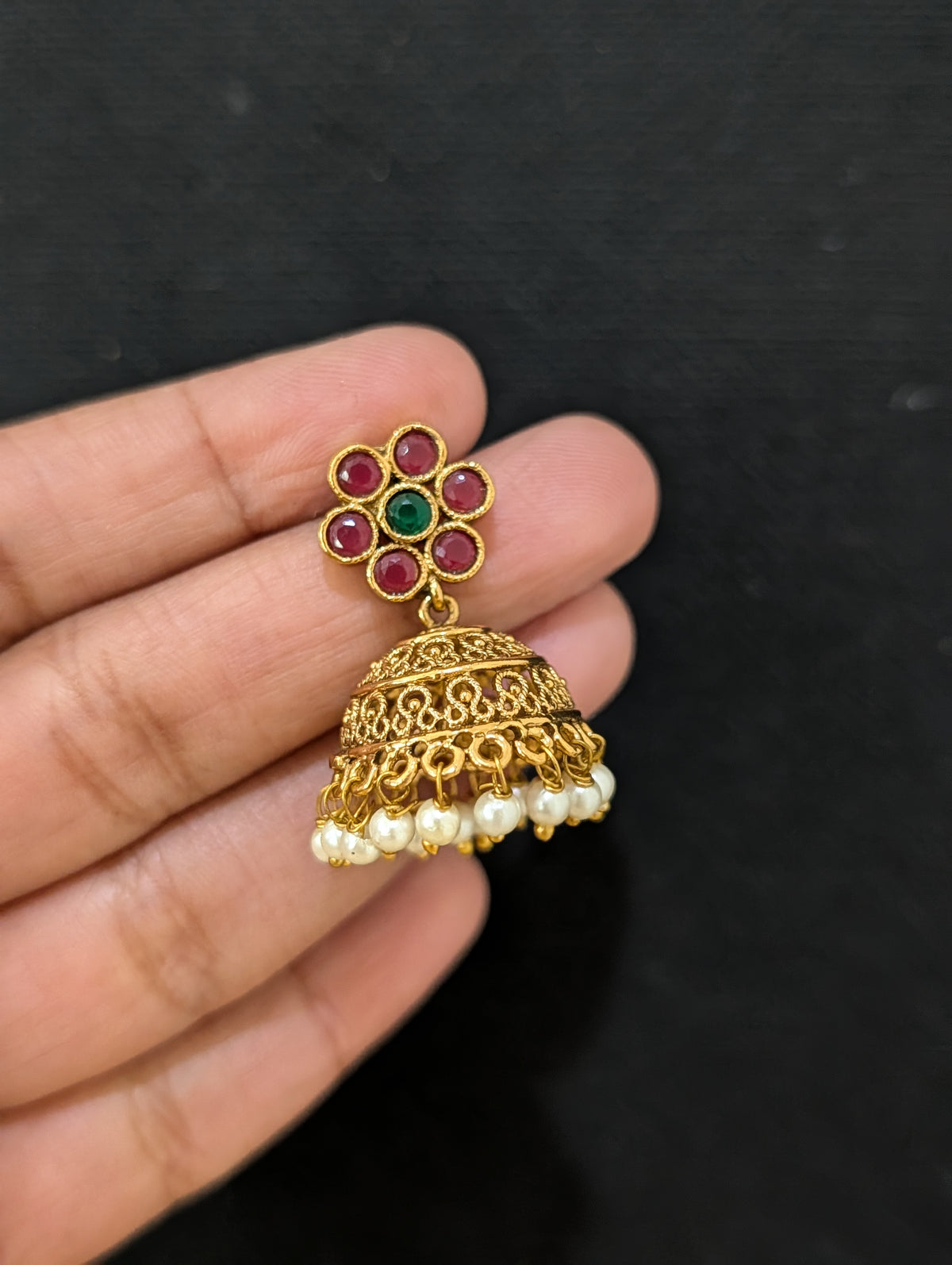 Gold plated Filigree Polki small Jhumka Earrings - Pearl bead
