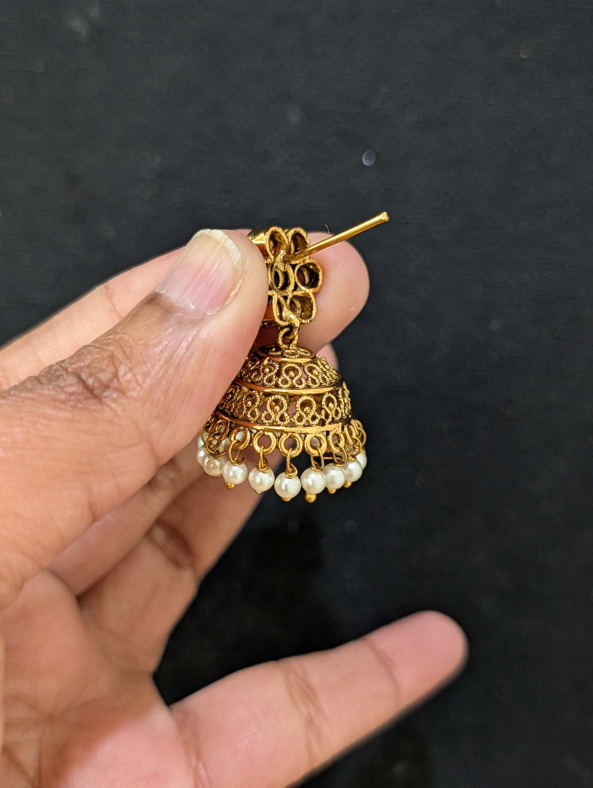 Gold plated Filigree Polki small Jhumka Earrings - Pearl bead