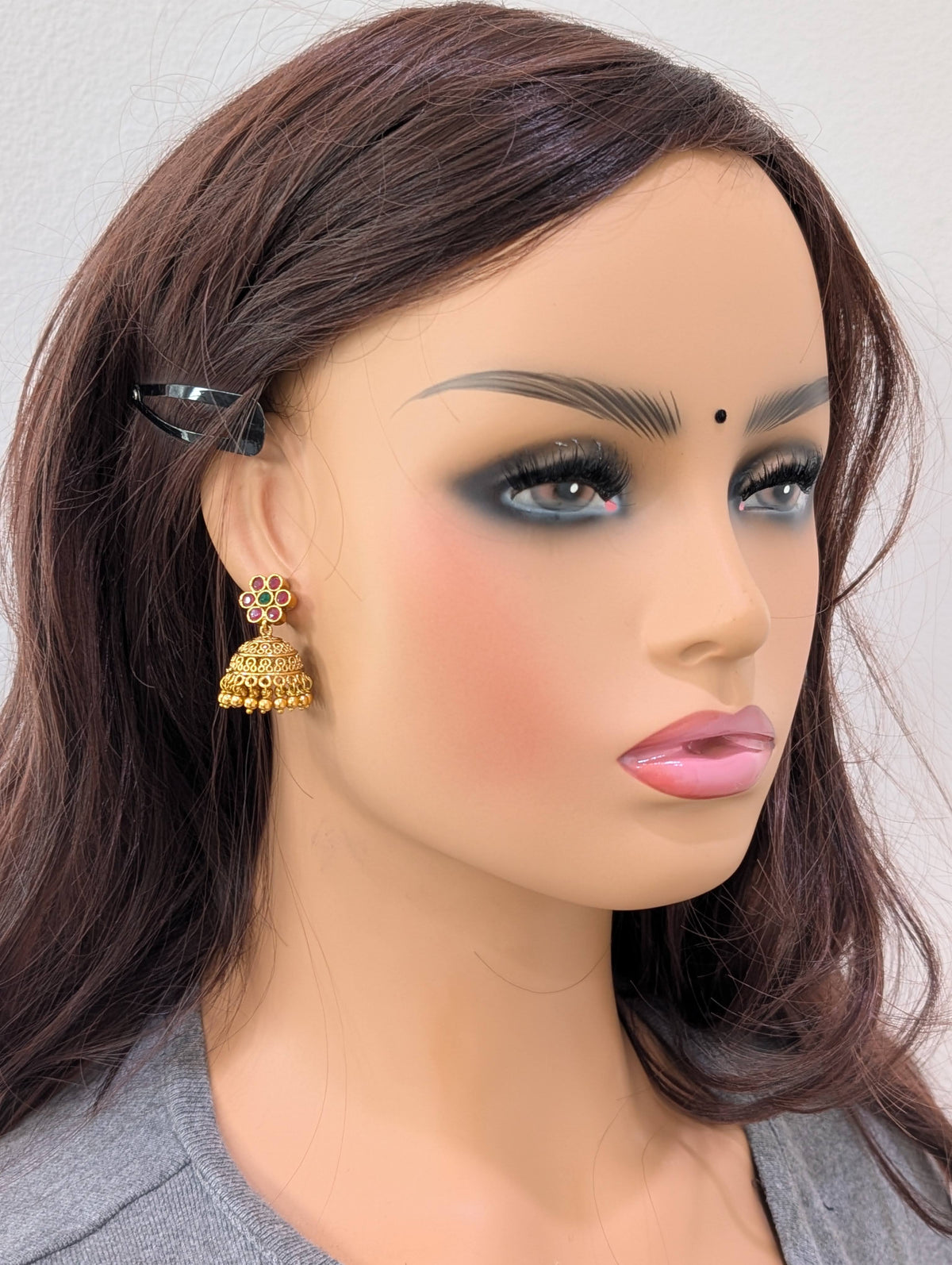 Gold plated Filigree Polki small Jhumka Earrings - Gold bead