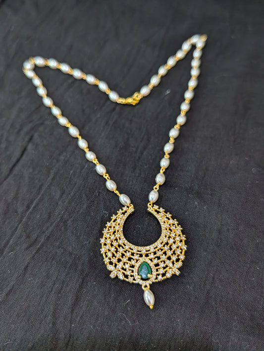 One gram gold plated CZ Pendant Rice pearl necklace - Simpliful