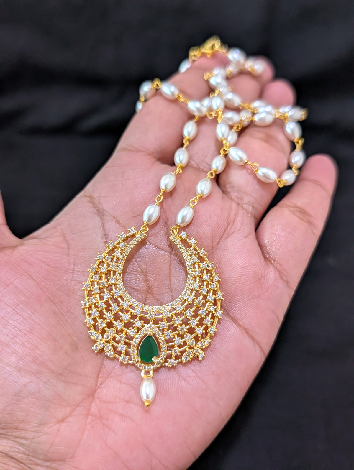 One gram gold plated CZ Pendant Rice pearl necklace