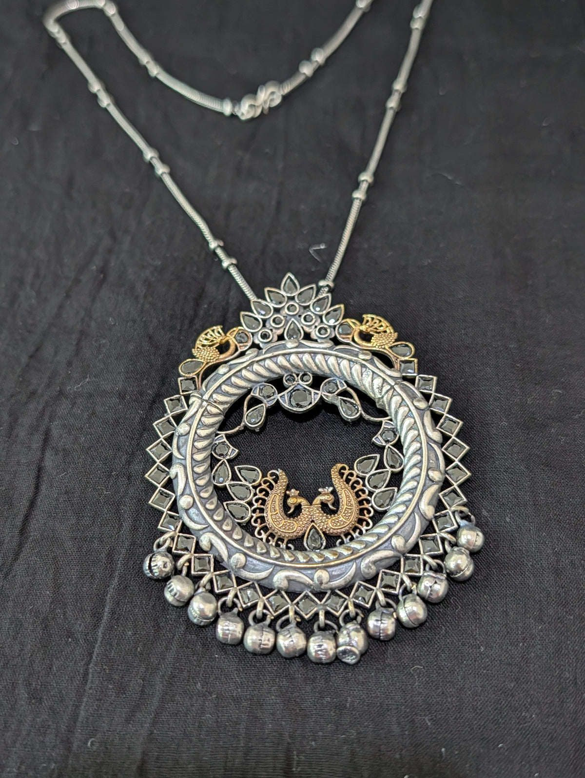 Peacock design Ghunghru bead Dual tone Oxidized Silver Necklace