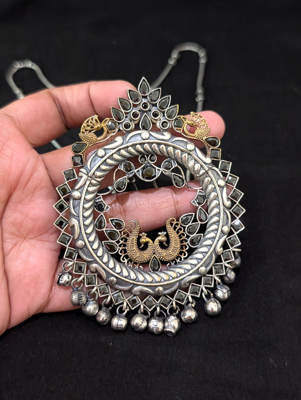 Peacock design Ghunghru bead Dual tone Oxidized Silver Necklace