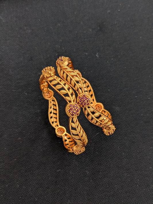 Leaf design orangish gold plated CZ stone bangles - 2x6 size