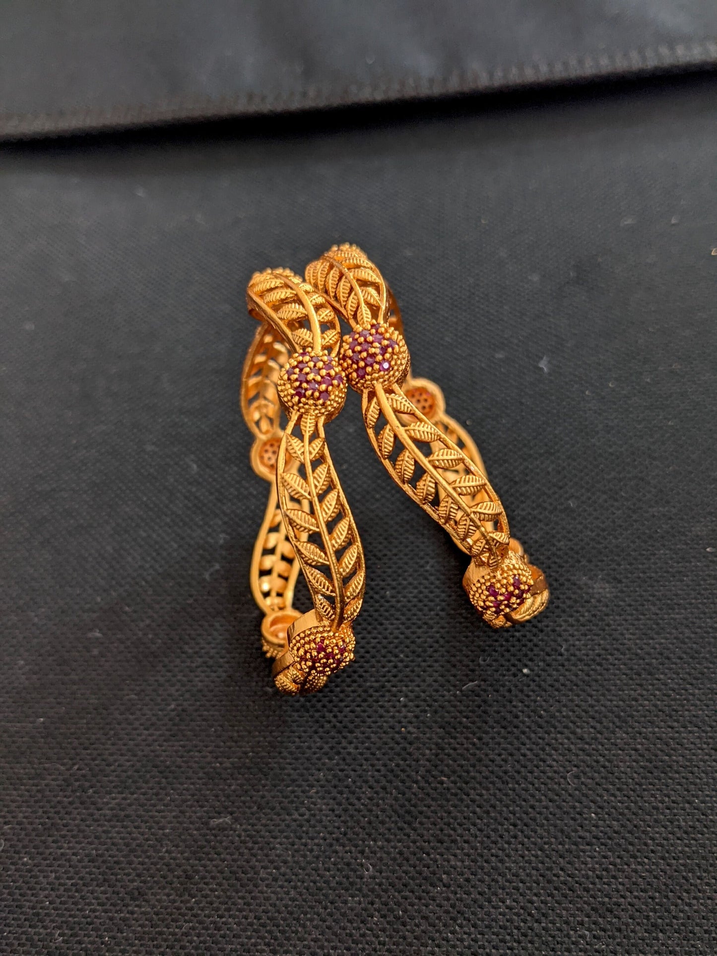 Leaf design orangish gold plated CZ stone bangles - 2x6 size