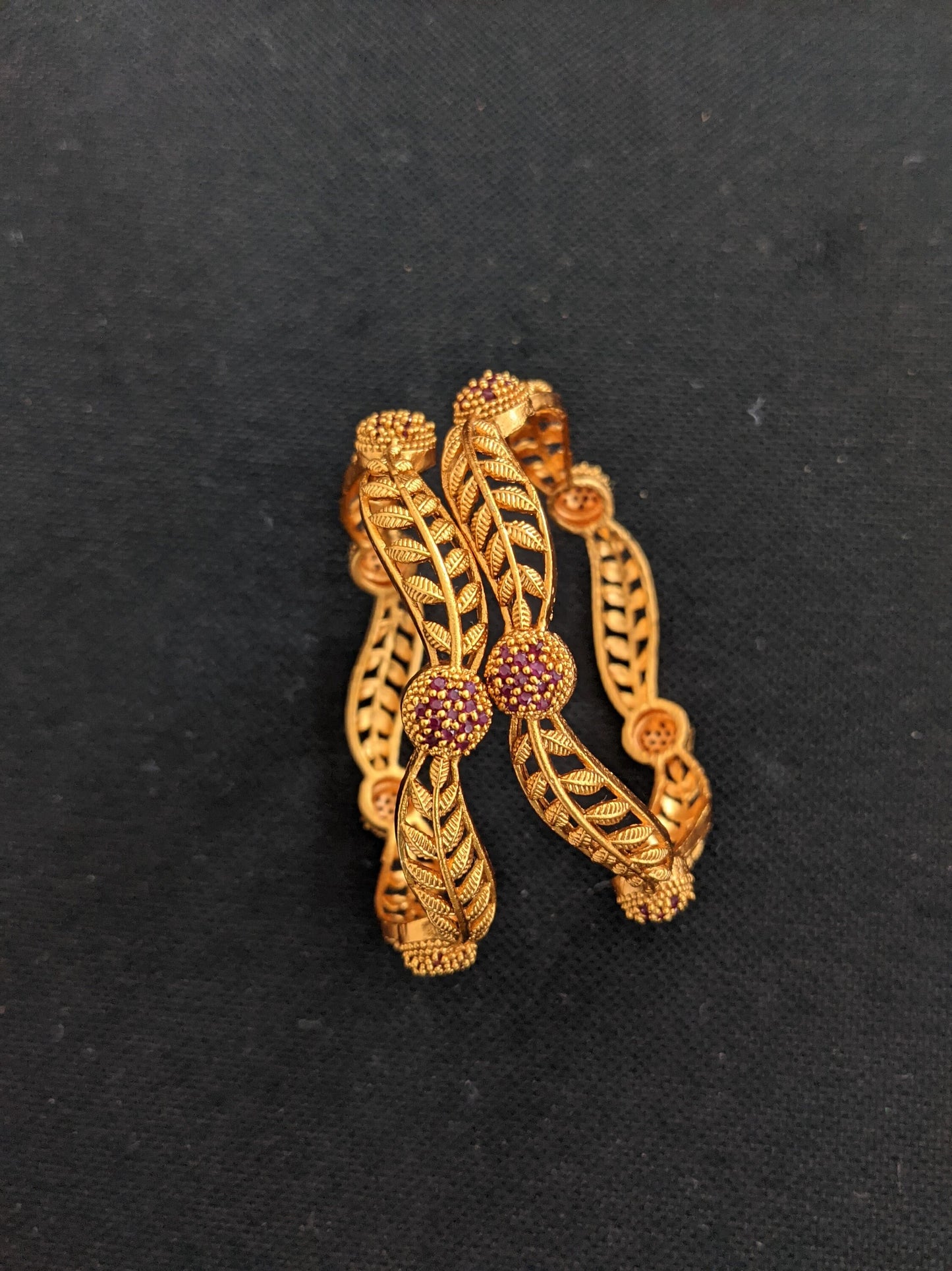 Leaf design orangish gold plated CZ stone bangles - 2x6 size