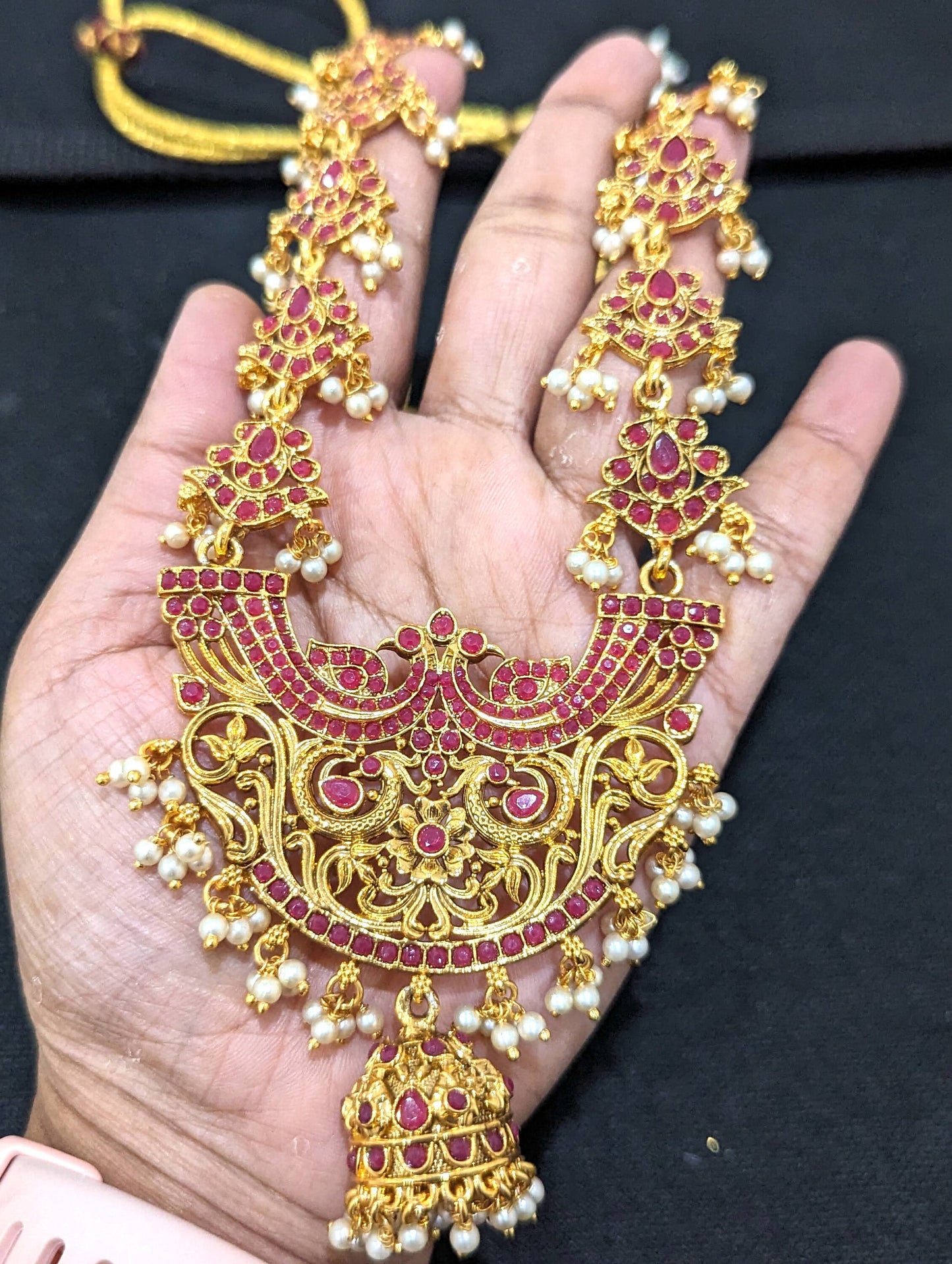 Guttapusalu Peacock Kemp stone Long Necklace and Earrings set