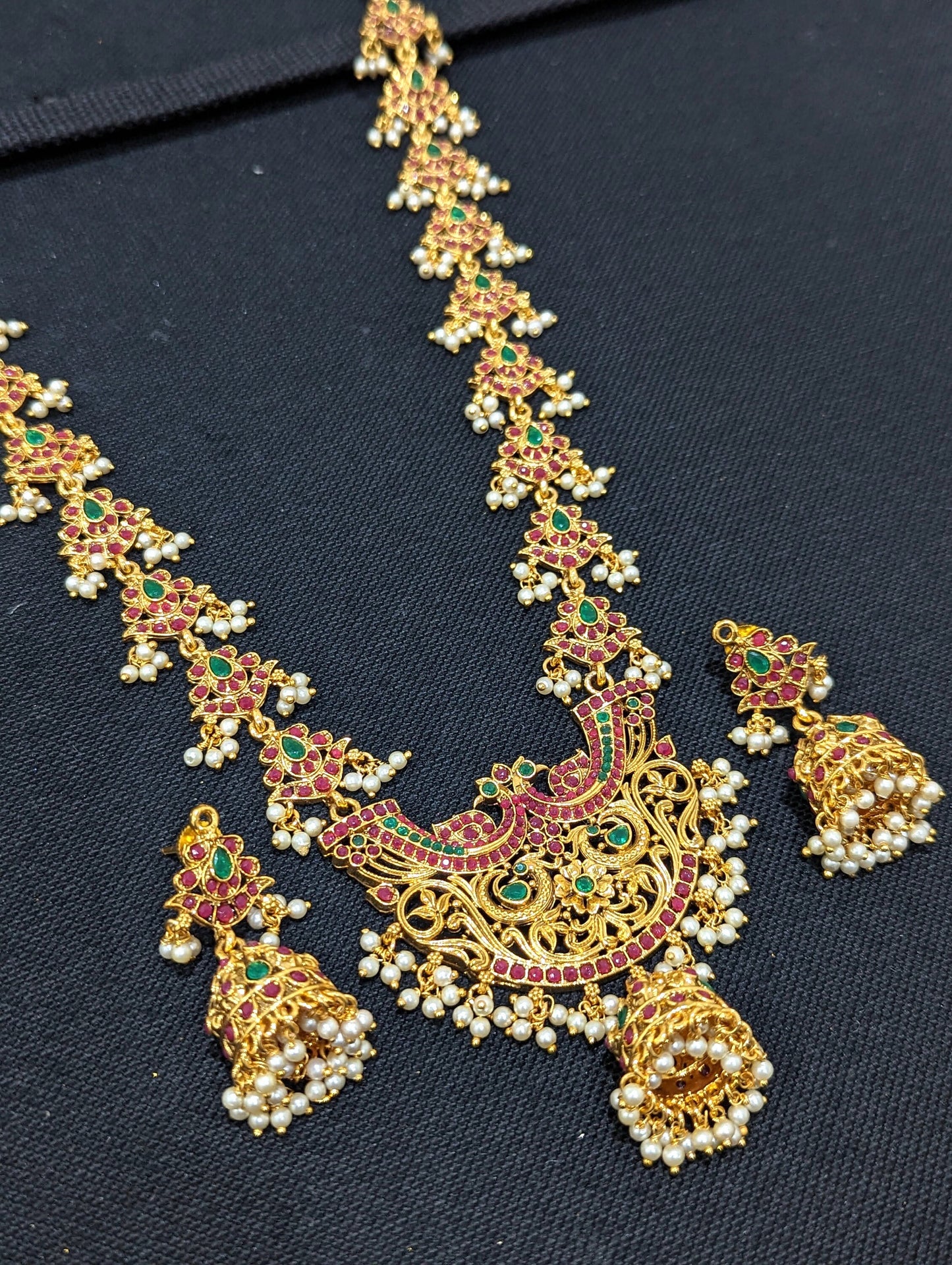 Guttapusalu Peacock Kemp stone Long Necklace and Earrings set