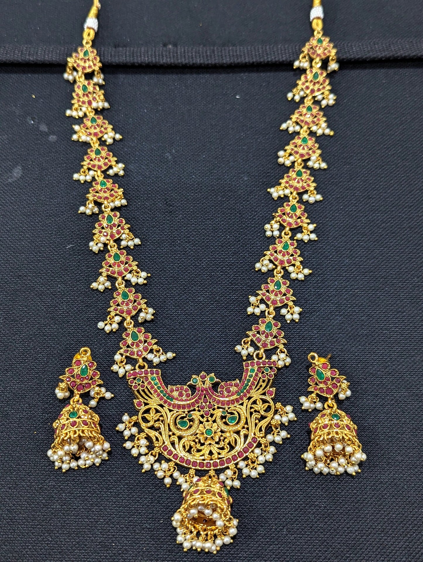 Guttapusalu Peacock Kemp stone Long Necklace and Earrings set