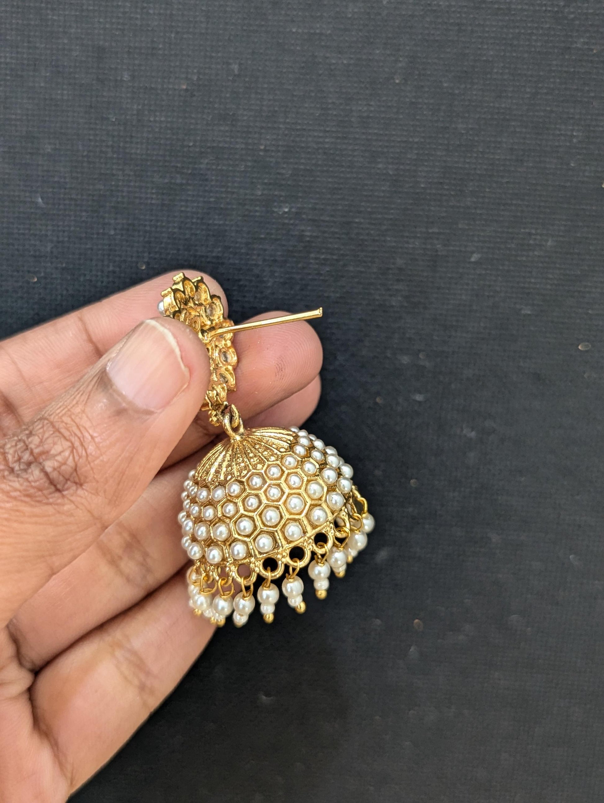 Gold plated Pearl Medium Jhumka Earrings - Simpliful