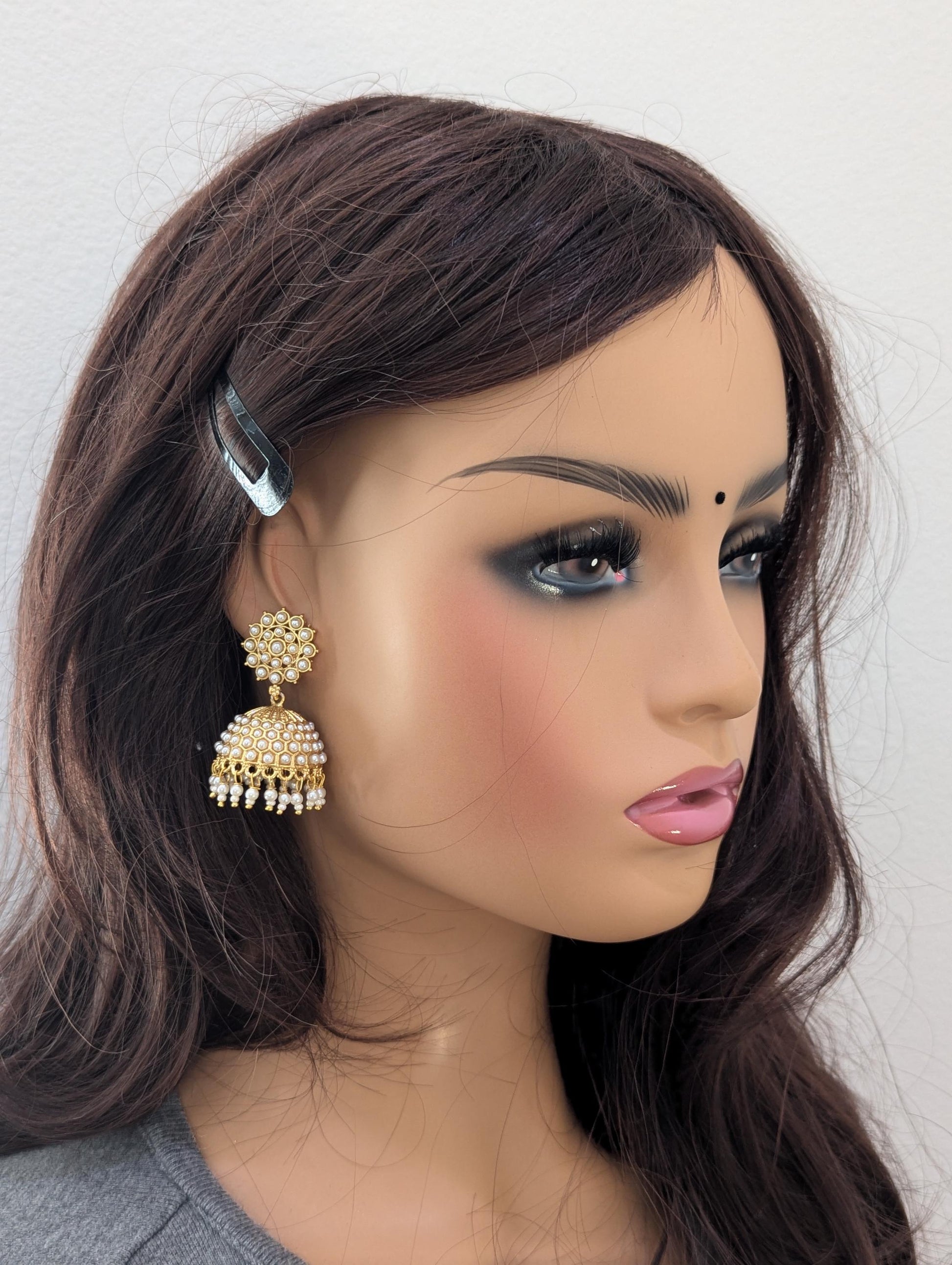Gold plated Pearl Medium Jhumka Earrings - Simpliful