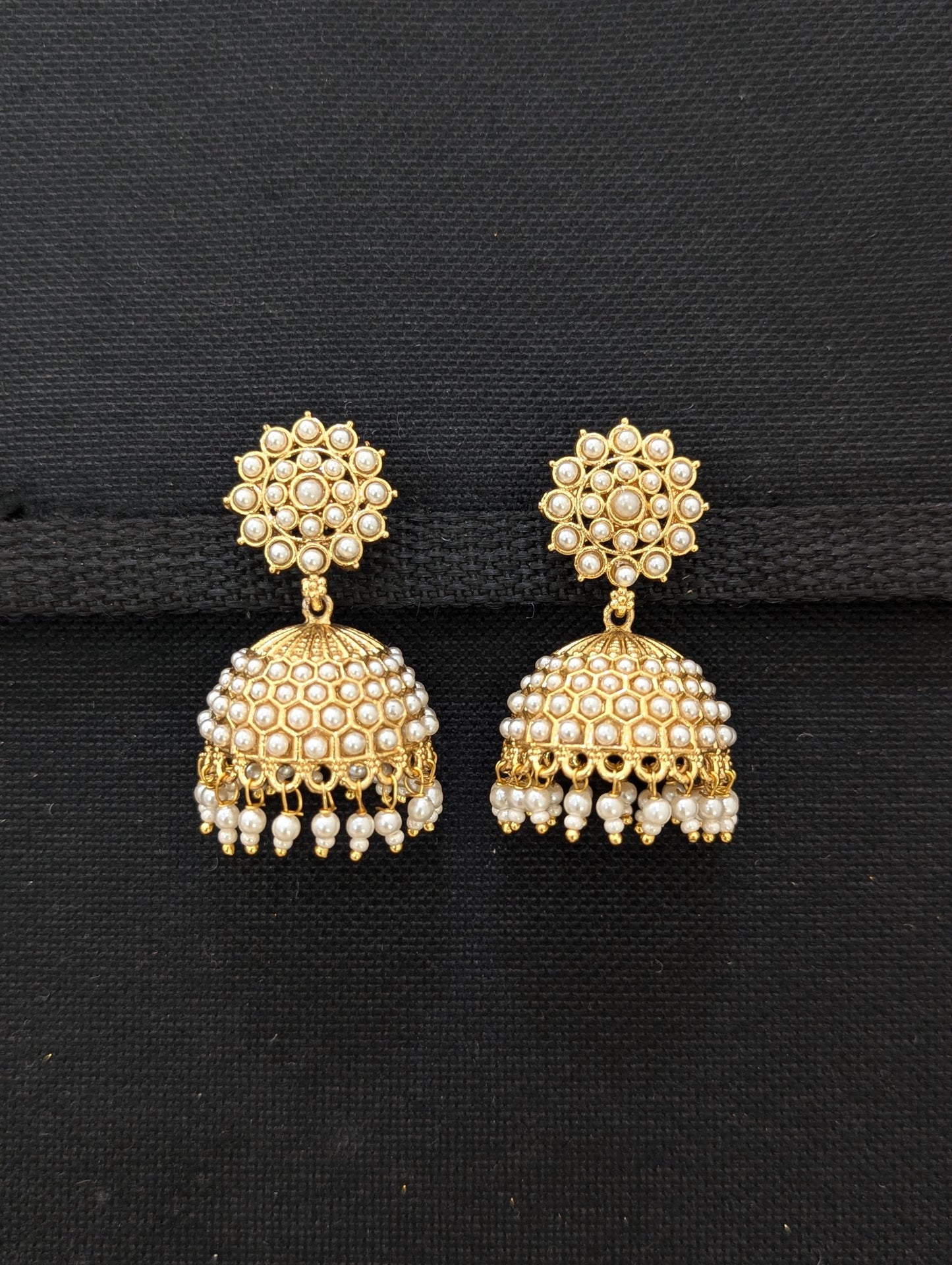 Gold plated Pearl Medium Jhumka Earrings - Simpliful