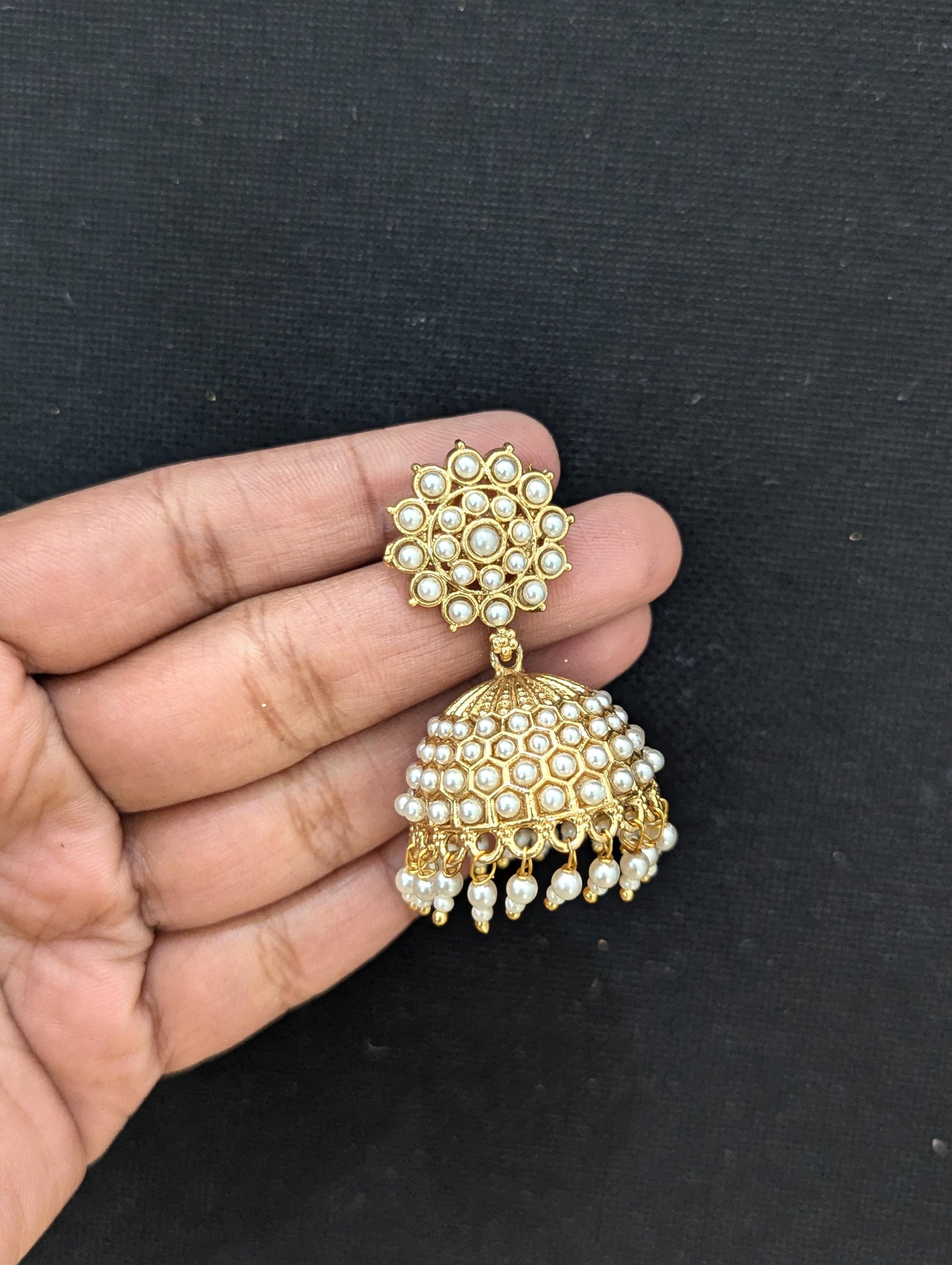 Gold plated Pearl Medium Jhumka Earrings - Simpliful
