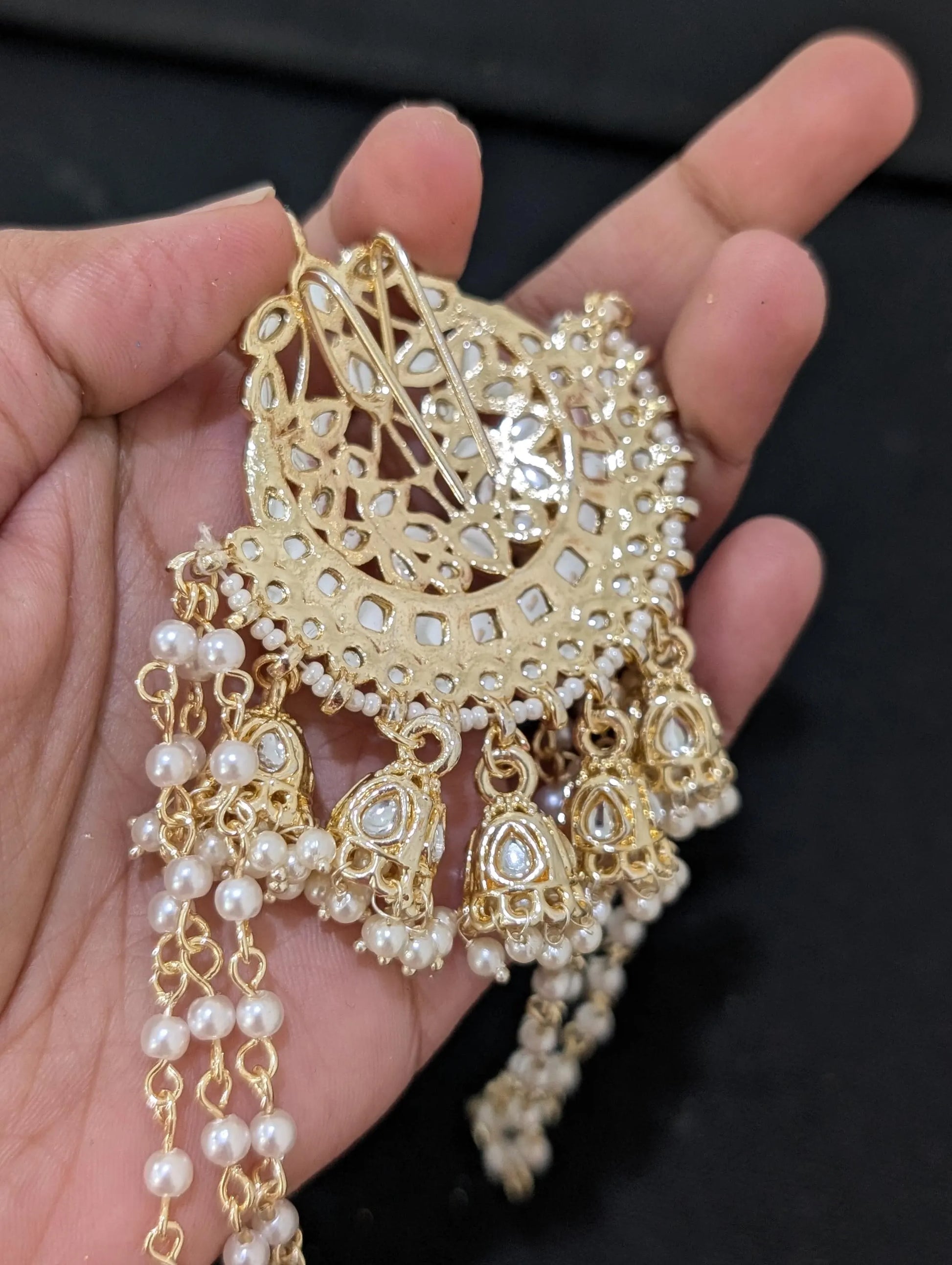 Kundan Pearl chain Clip on Hair brooch - Simpliful
