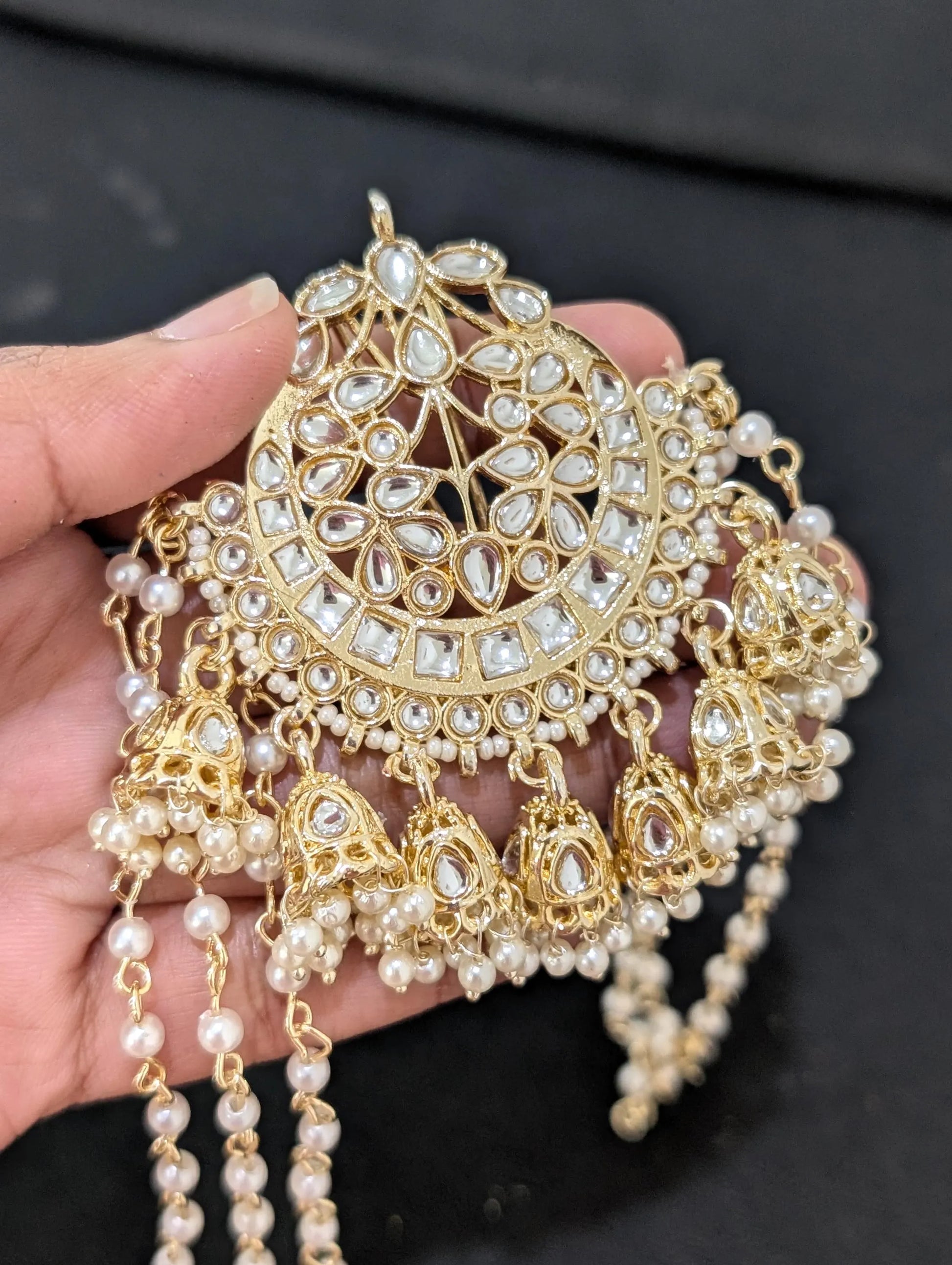 Kundan Pearl chain Clip on Hair brooch - Simpliful