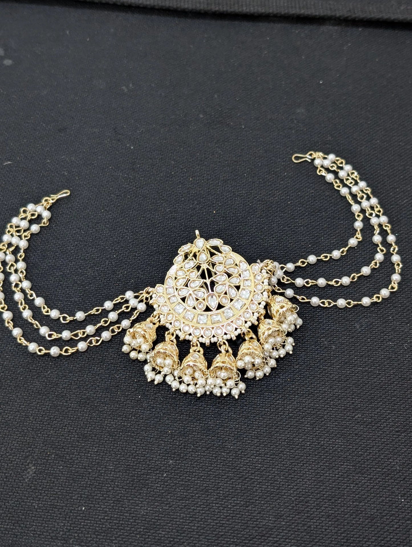 Kundan Pearl chain Clip on Hair brooch - Simpliful