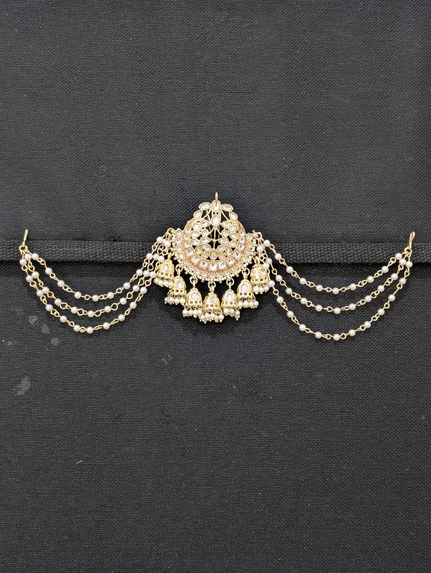 Kundan Pearl chain Clip on Hair brooch - Simpliful