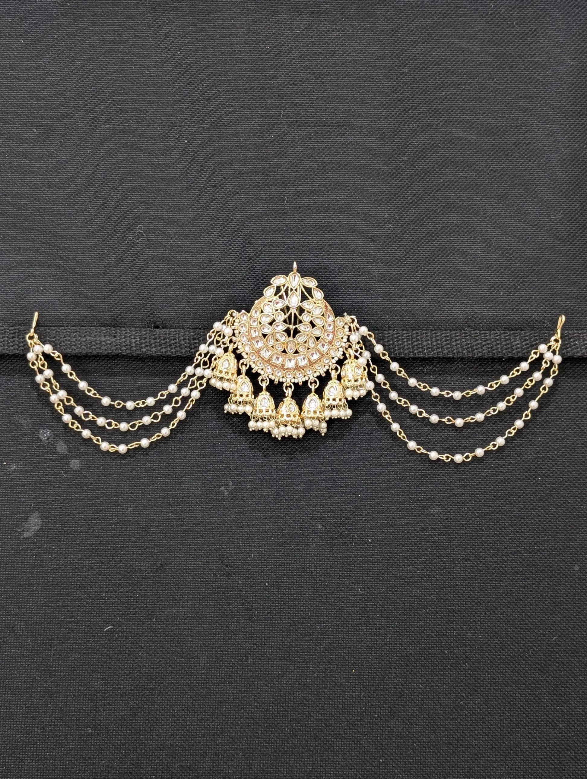 Kundan Pearl chain Clip on Hair brooch - Simpliful