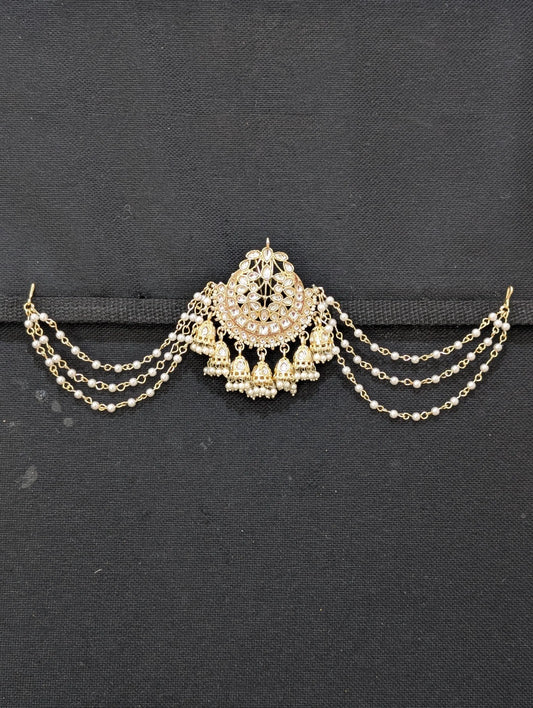 Kundan Pearl chain Clip on Hair brooch