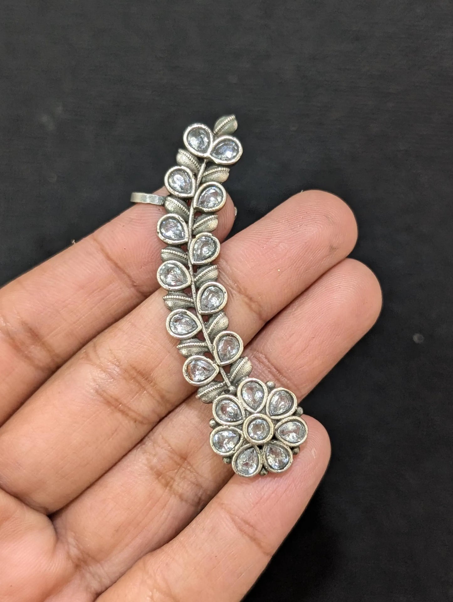Oxidized silver Flower CZ Cuff earrings - Simpliful