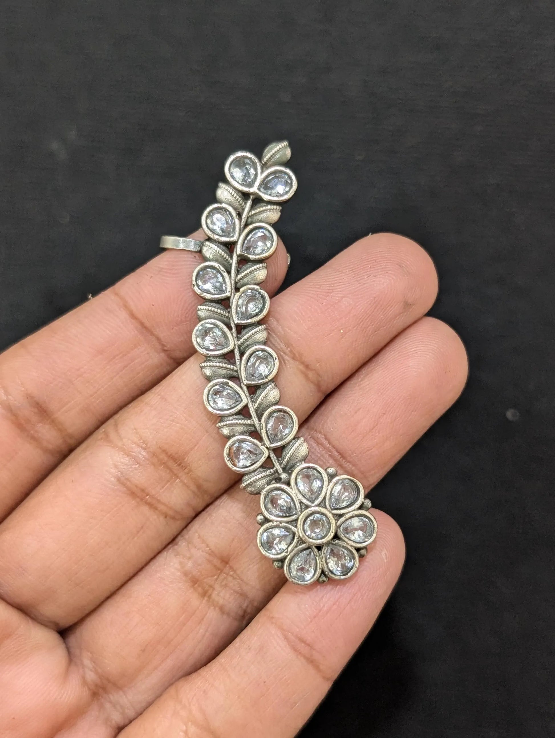 Oxidized silver Flower CZ Cuff earrings - Simpliful