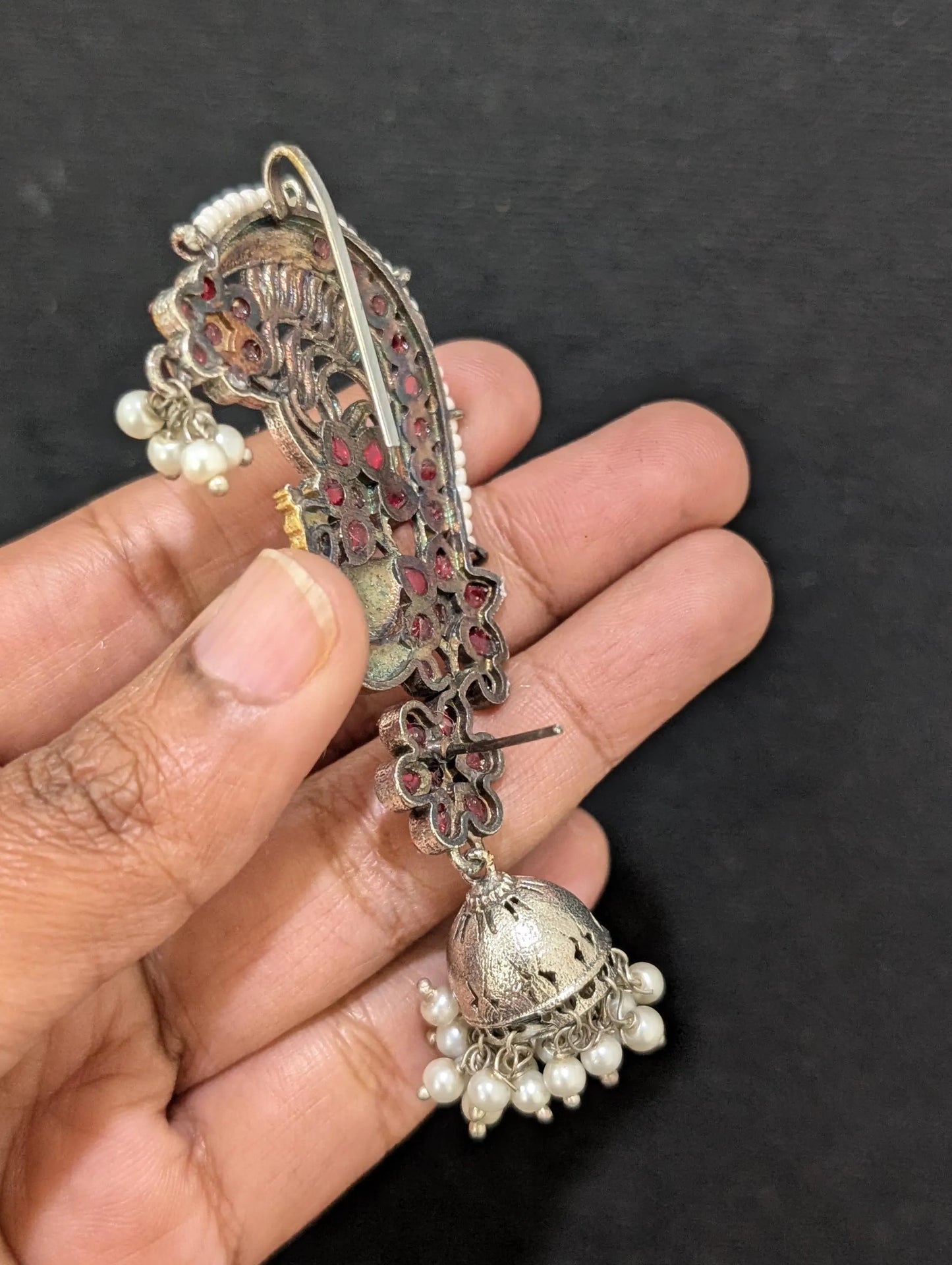 Dual tone German silver Peacock Ear cuff Jhumka earrings - Simpliful