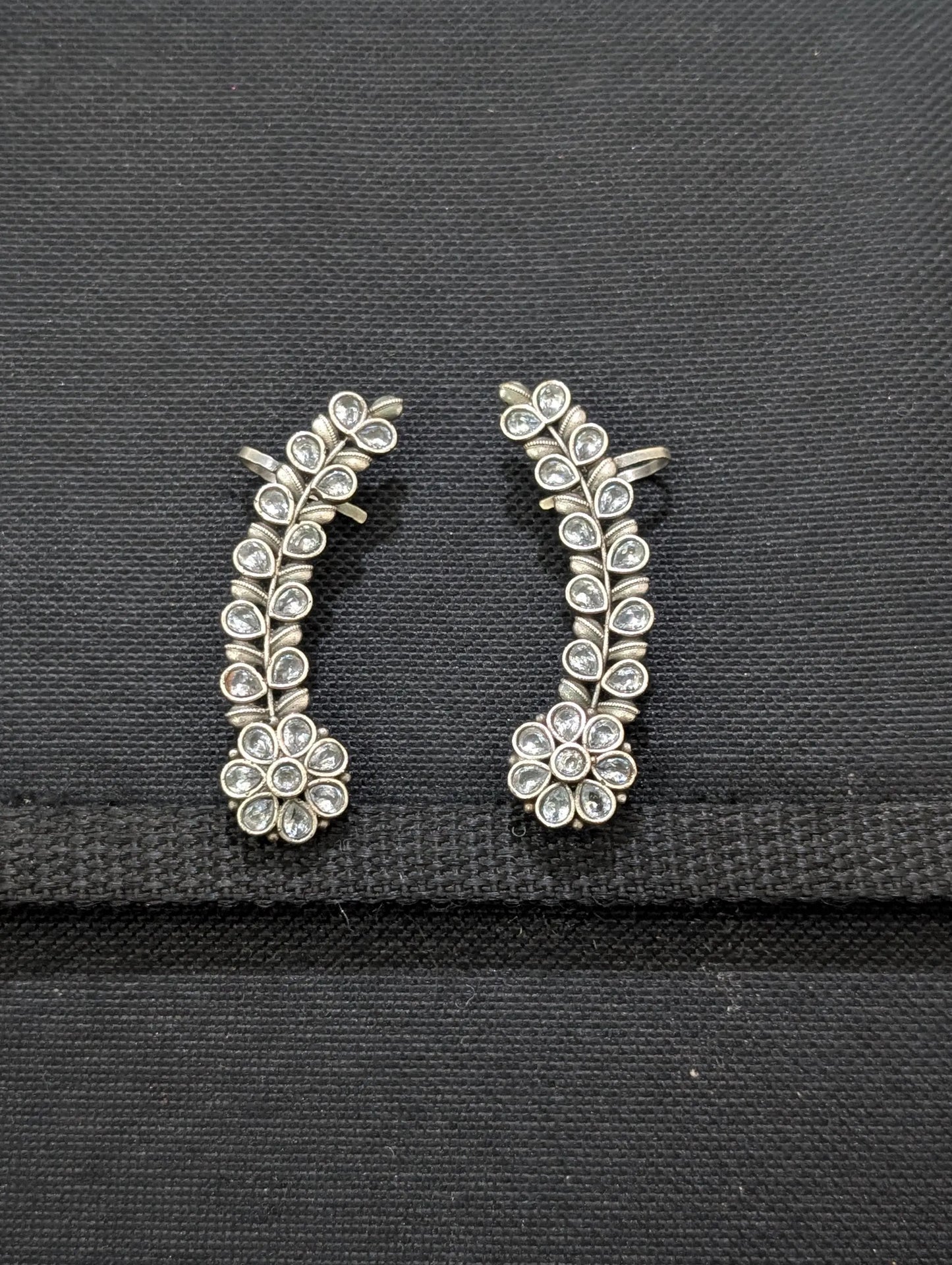 Oxidized silver Flower CZ Cuff earrings - Simpliful