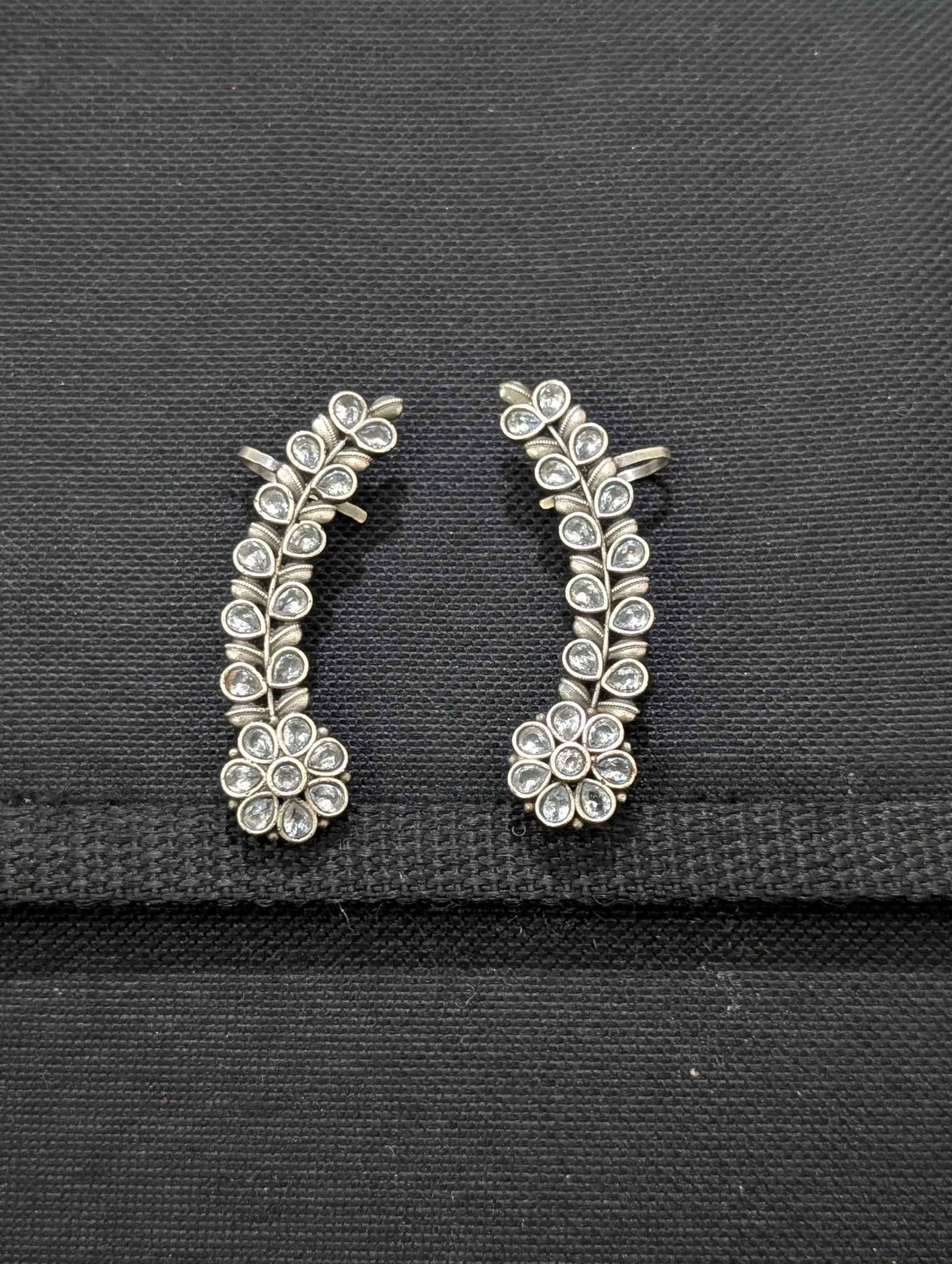 Oxidized silver Flower CZ Cuff earrings - Simpliful