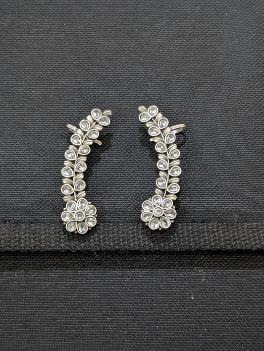 Oxidized silver Flower CZ Cuff earrings - Simpliful