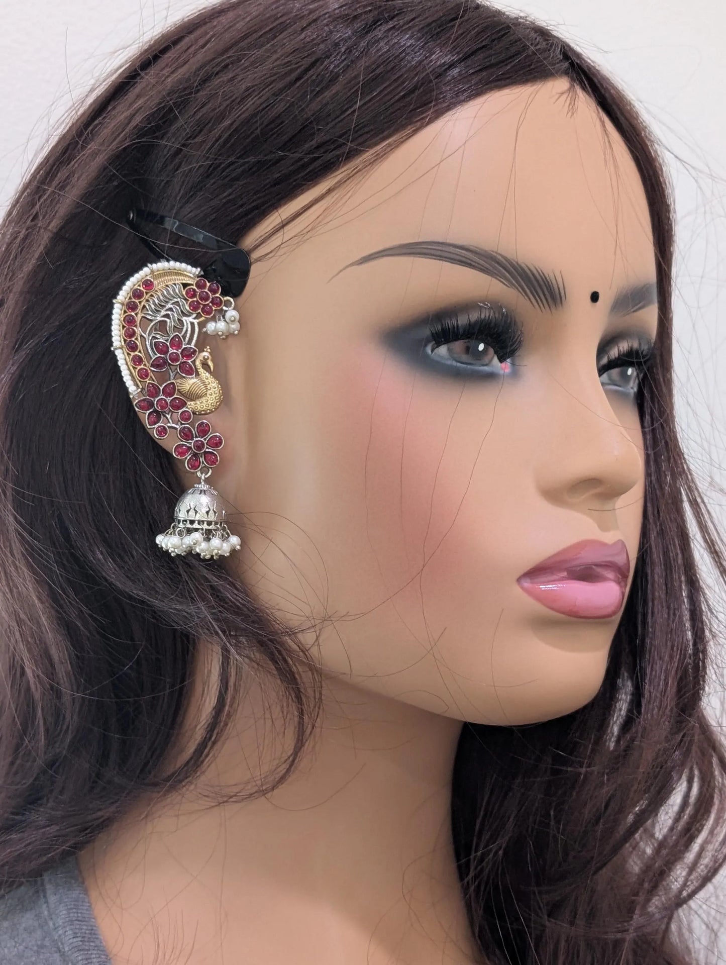 Dual tone German silver Peacock Ear cuff Jhumka earrings - Simpliful