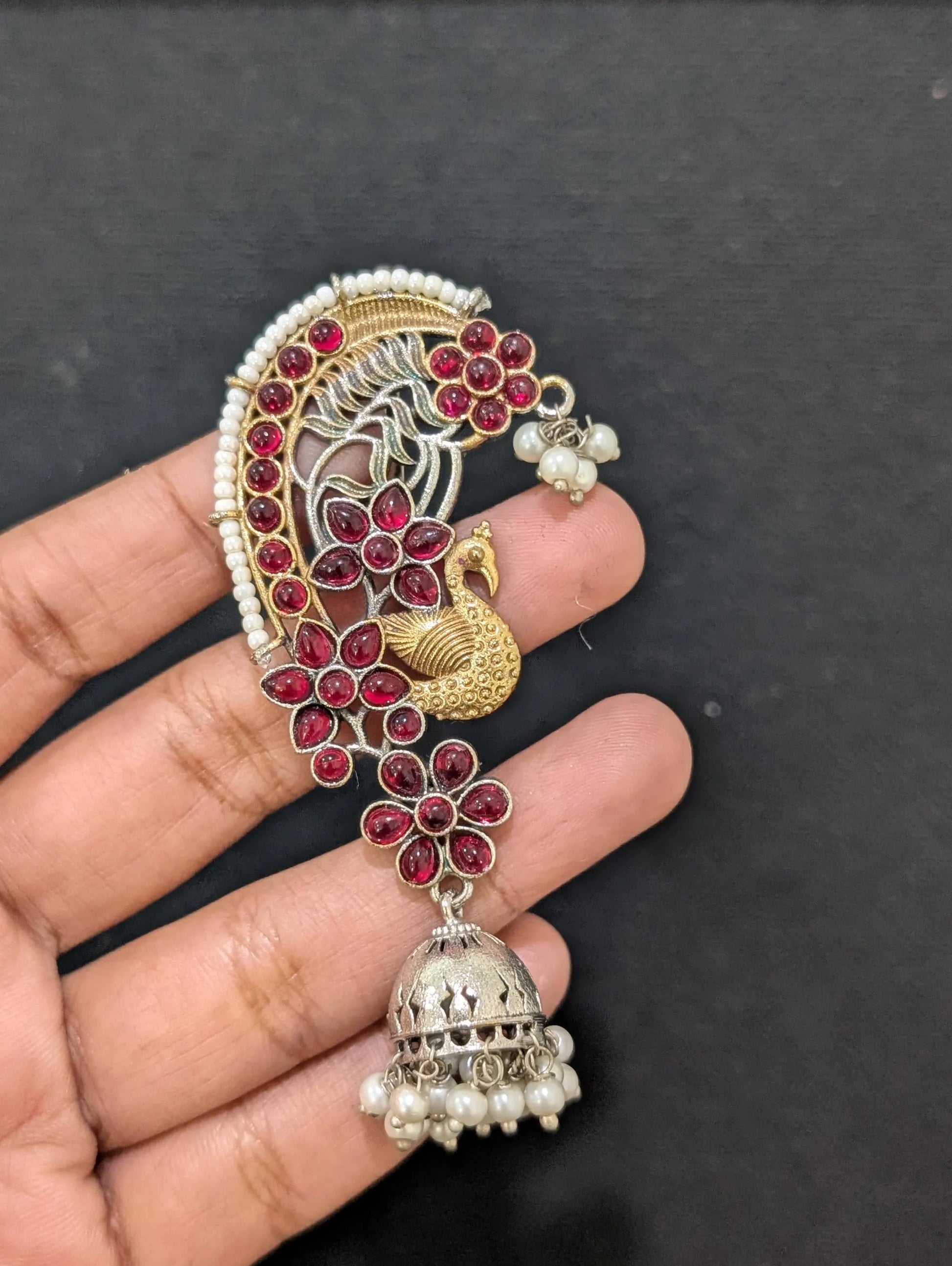 Dual tone German silver Peacock Ear cuff Jhumka earrings - Simpliful