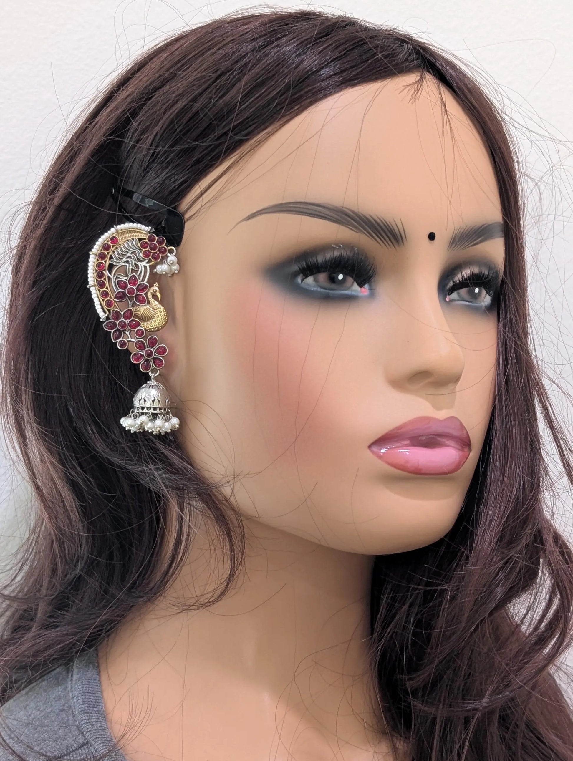 Dual tone German silver Peacock Ear cuff Jhumka earrings - Simpliful