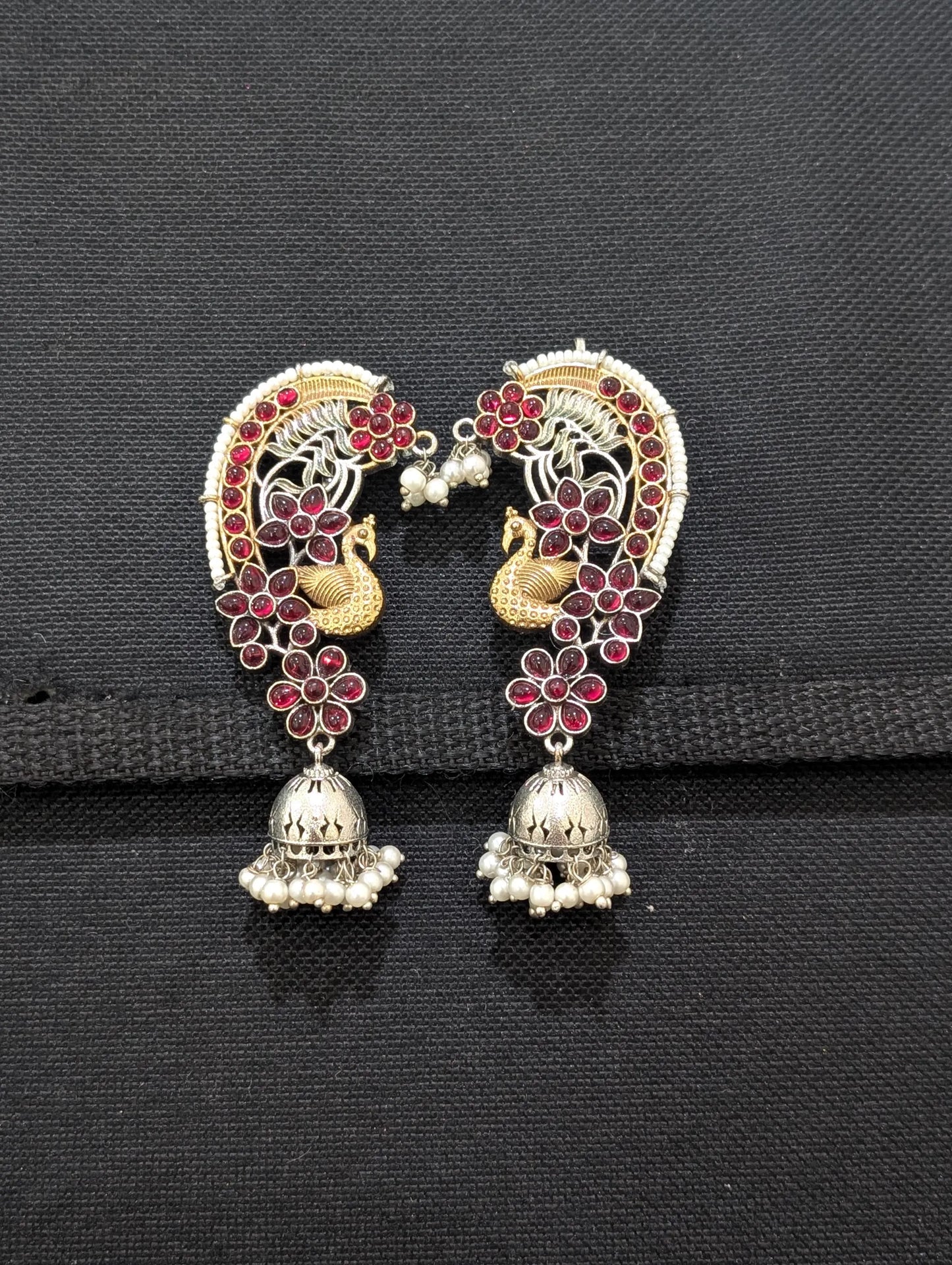 Dual tone German silver Peacock Ear cuff Jhumka earrings - Simpliful
