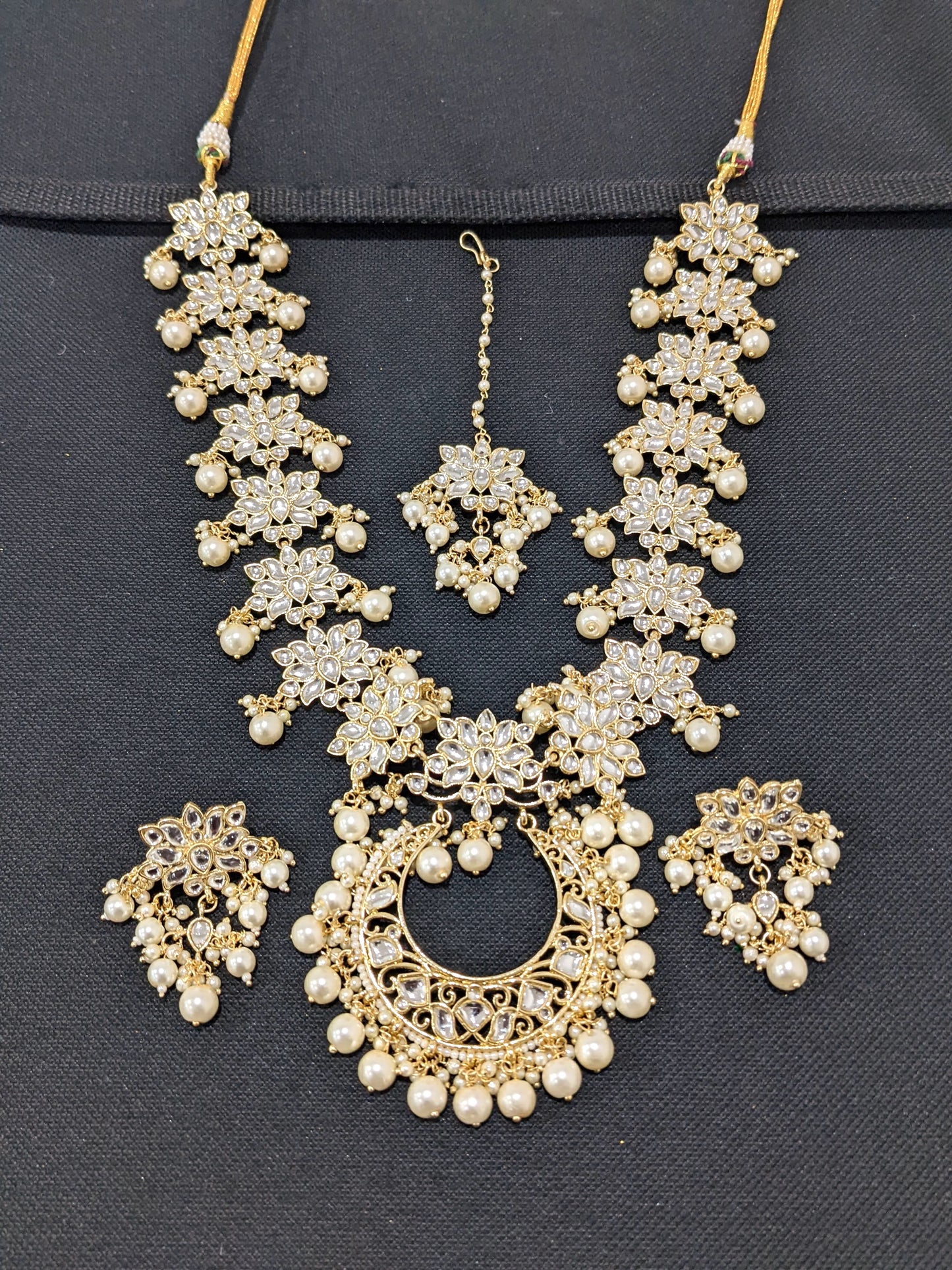 Glass Kundan Long Chain Necklace and Earrings set with Tikka